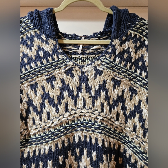 Free People Fairisle Hooded Sweater High Low Hem Oversized XS Navy Cream NWT - Picture 6 of 16